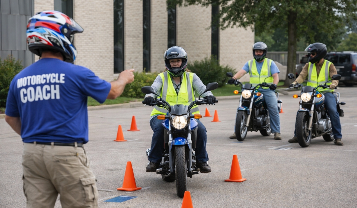 three adult motorcycle riders navigate traffic cones at the direction of their instructor.