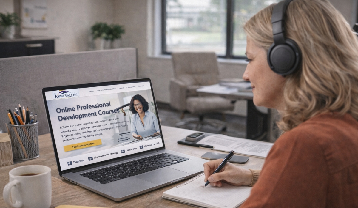 A professional woman looks at her laptop screen as she begins an online program.