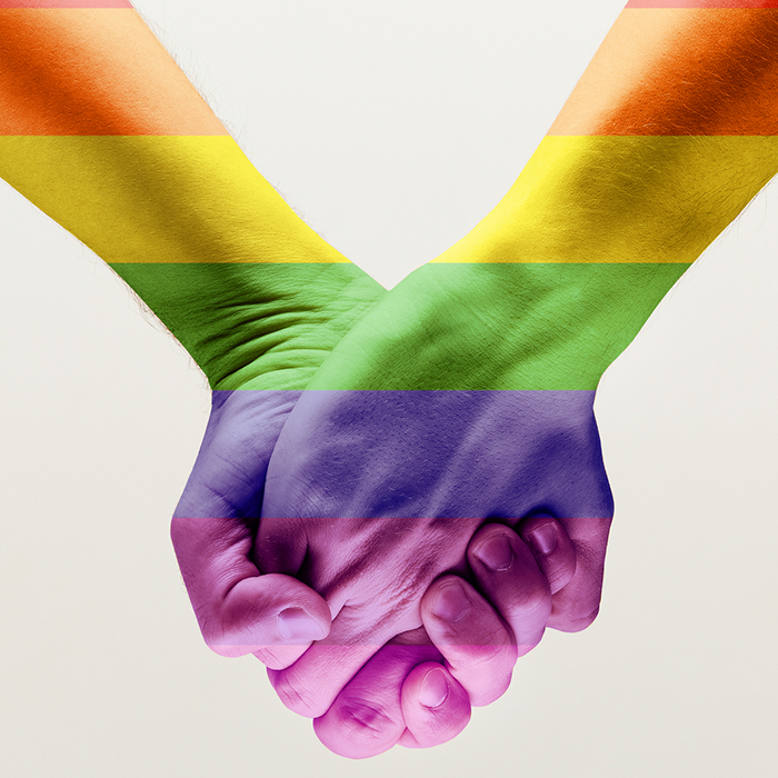 hands holding with the rainbow colors across them
