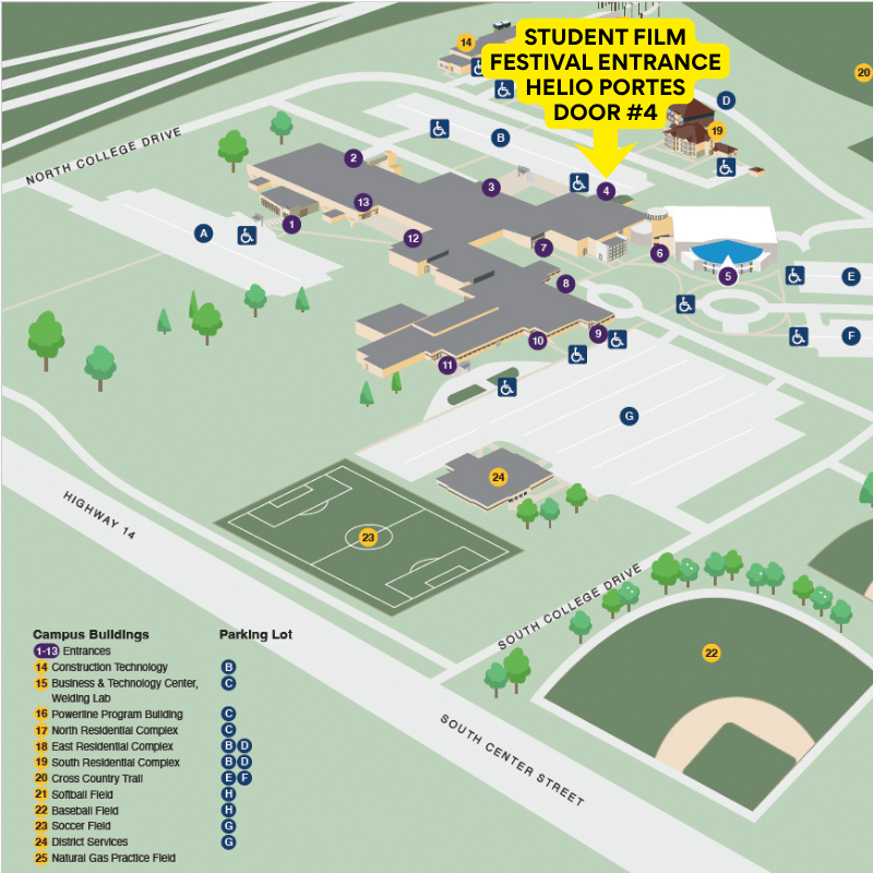 Marshalltown Community College campus map detailing location of the Student Film Festival in Helio Portes, accessed via door 4.