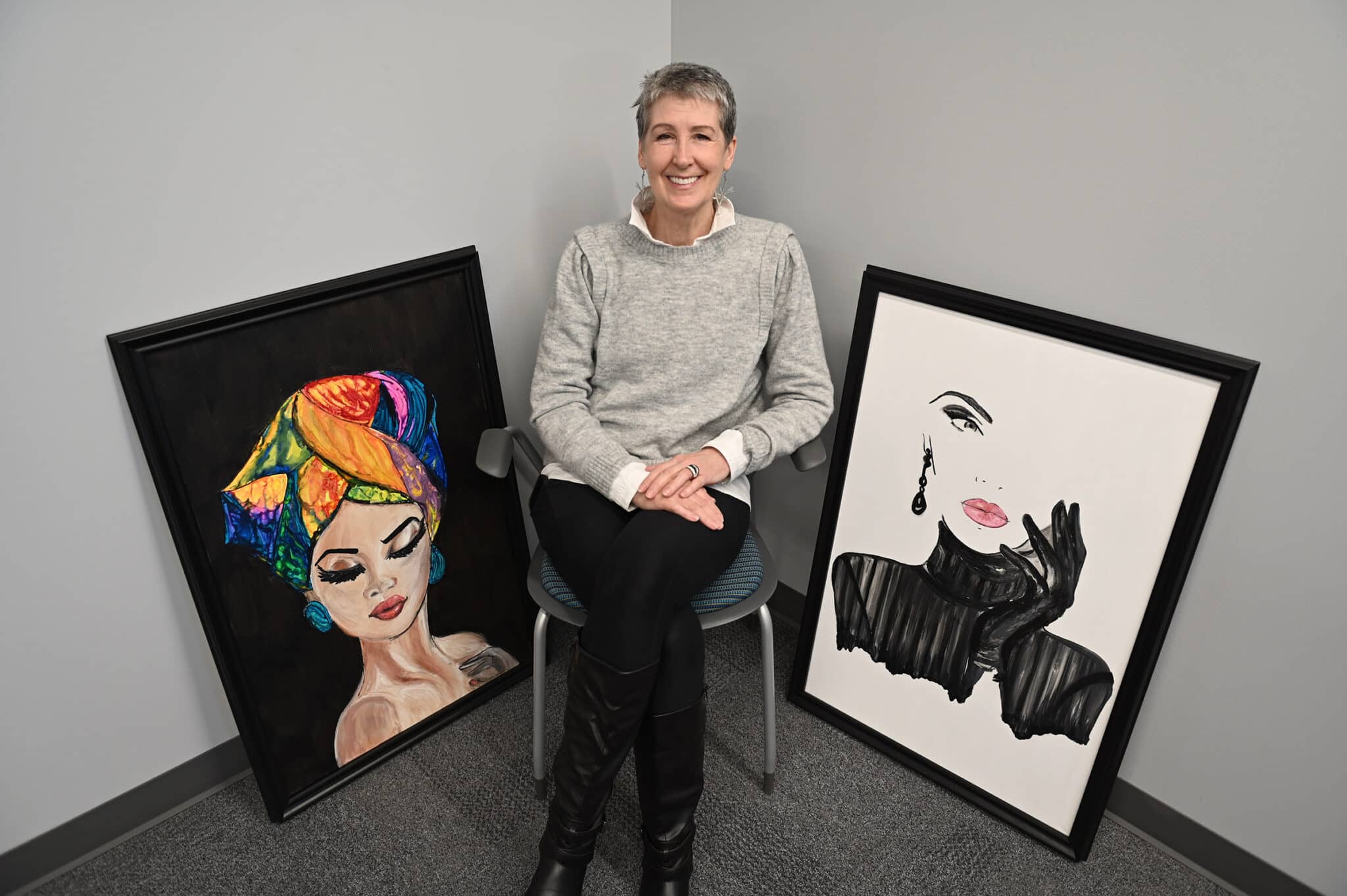 Gail Hashemi-Toroghi with two of the pieces that will be on display at the upcoming MCC exhibit.