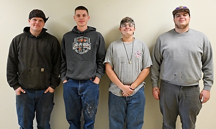 Morning welding: Jay Bessman (GMG), Corbin Burgraff (EM), Peter O’Donnell (Grundy Center), and Jared Wickwire (Grinnell).